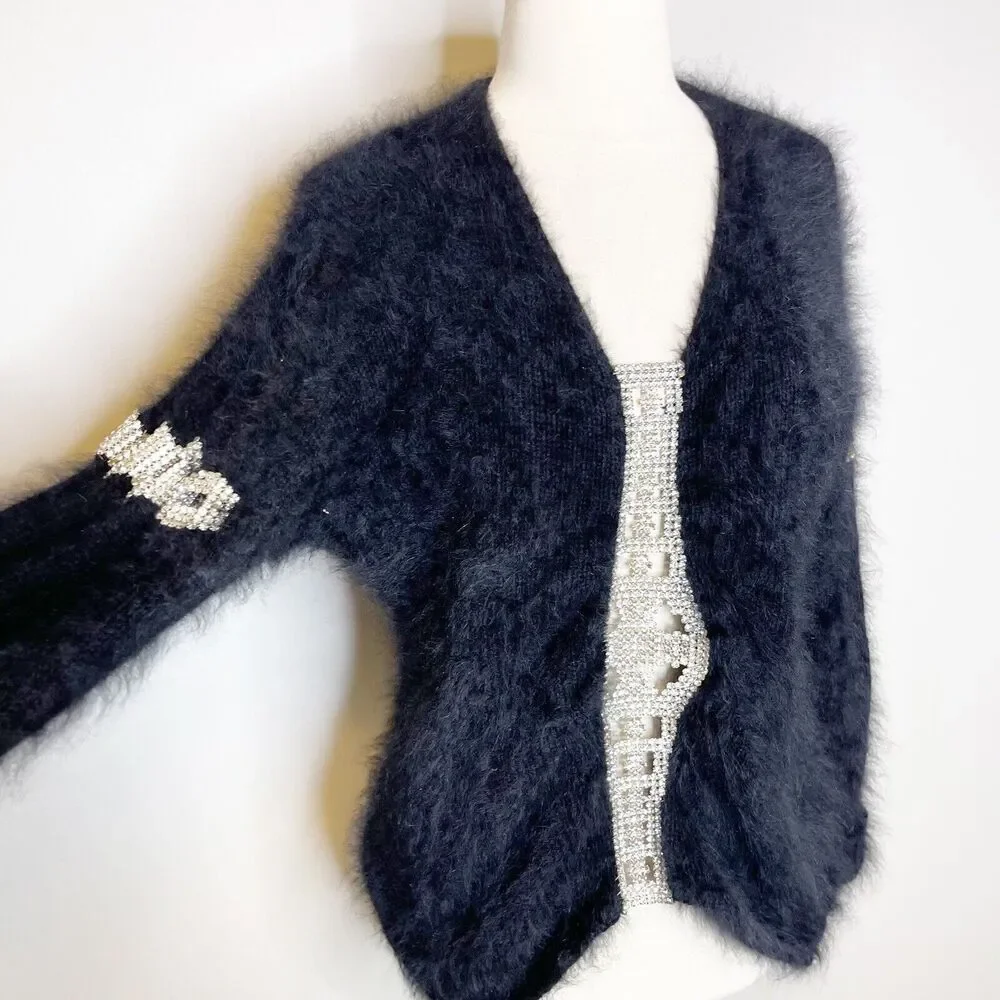 Vintage 90s M Medium Linda‎ Haddad Black Mohair Sweater Rhinestone Cut Out